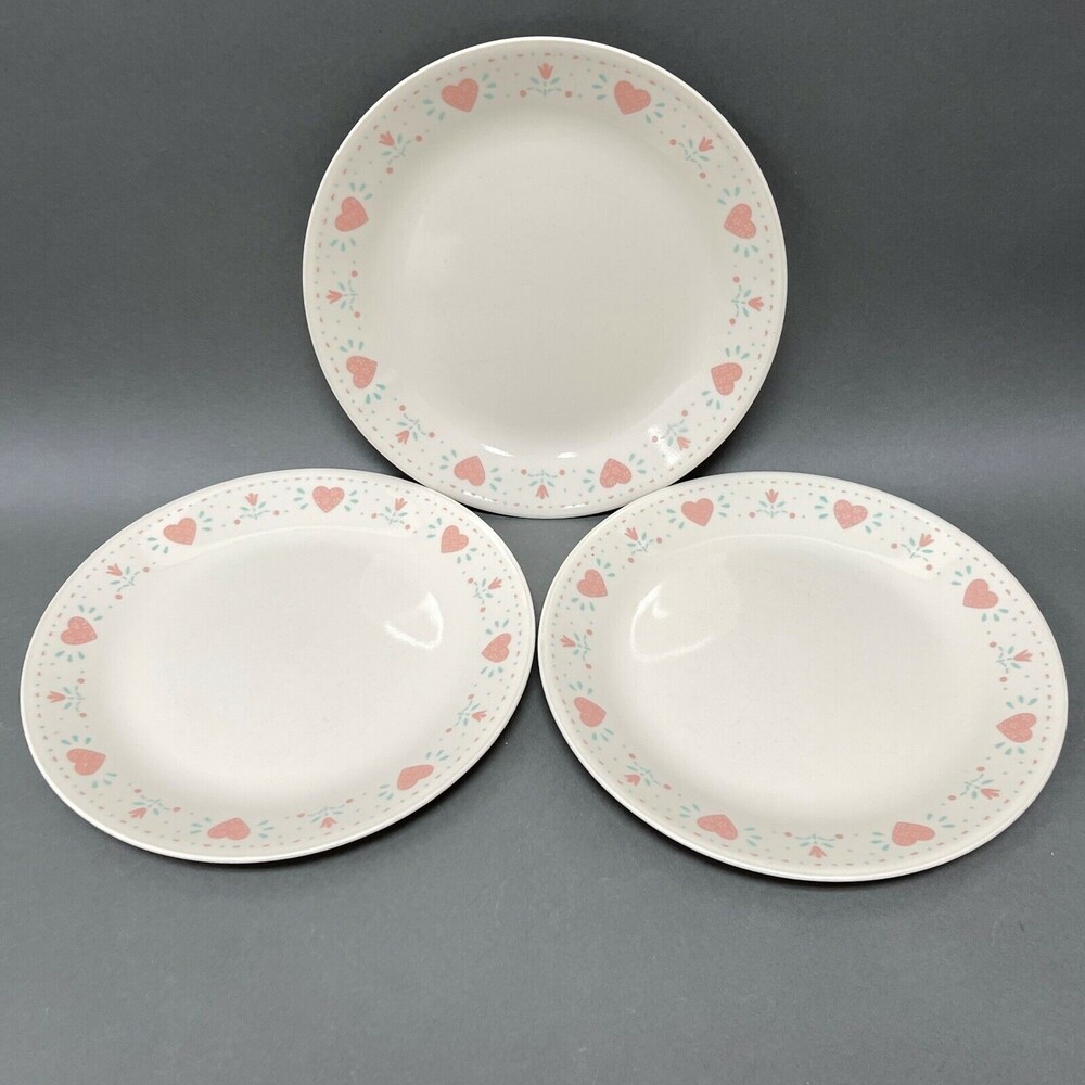 Corelle by Corning Dinner Plates Hearts Forever Yours Beige Pink Hearts Lot of 3